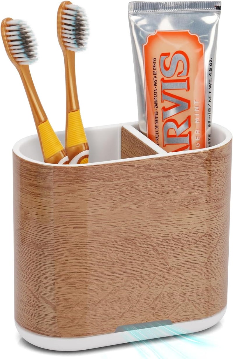 Chintu Toothbrush and Toothpaste Holder with Divider for Bathroom Countertop Organizer, 2 Slots Electric Toothbrush Holders Storage Caddy Drainage for Family, Kids(Wood Grain) - Image 1